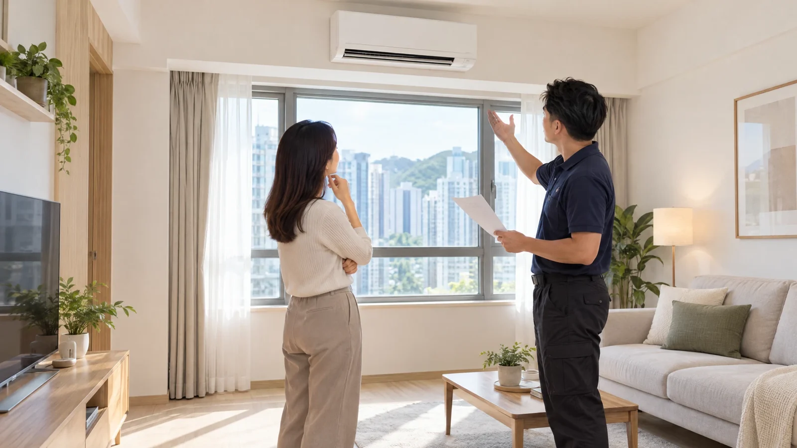 居屋更換冷氣機規劃概念示意:住戶與設計人員在窗旁核對冷氣機位置,並非啟盈苑或任何實際項目。