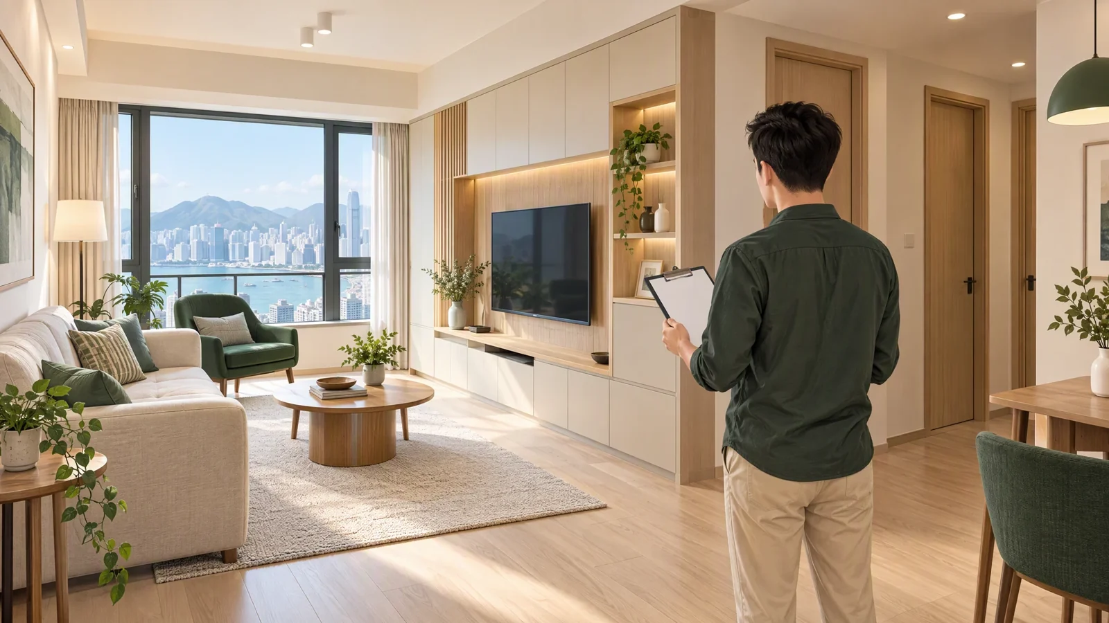 香港居屋裝修完成後作一般目視檢查的概念示意：屋主拿着空白核對紙檢視客廳收口與訂造櫃，並非實際屋苑單位